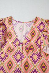 Geometric Floral V-Neck Button-Front Mini Dress