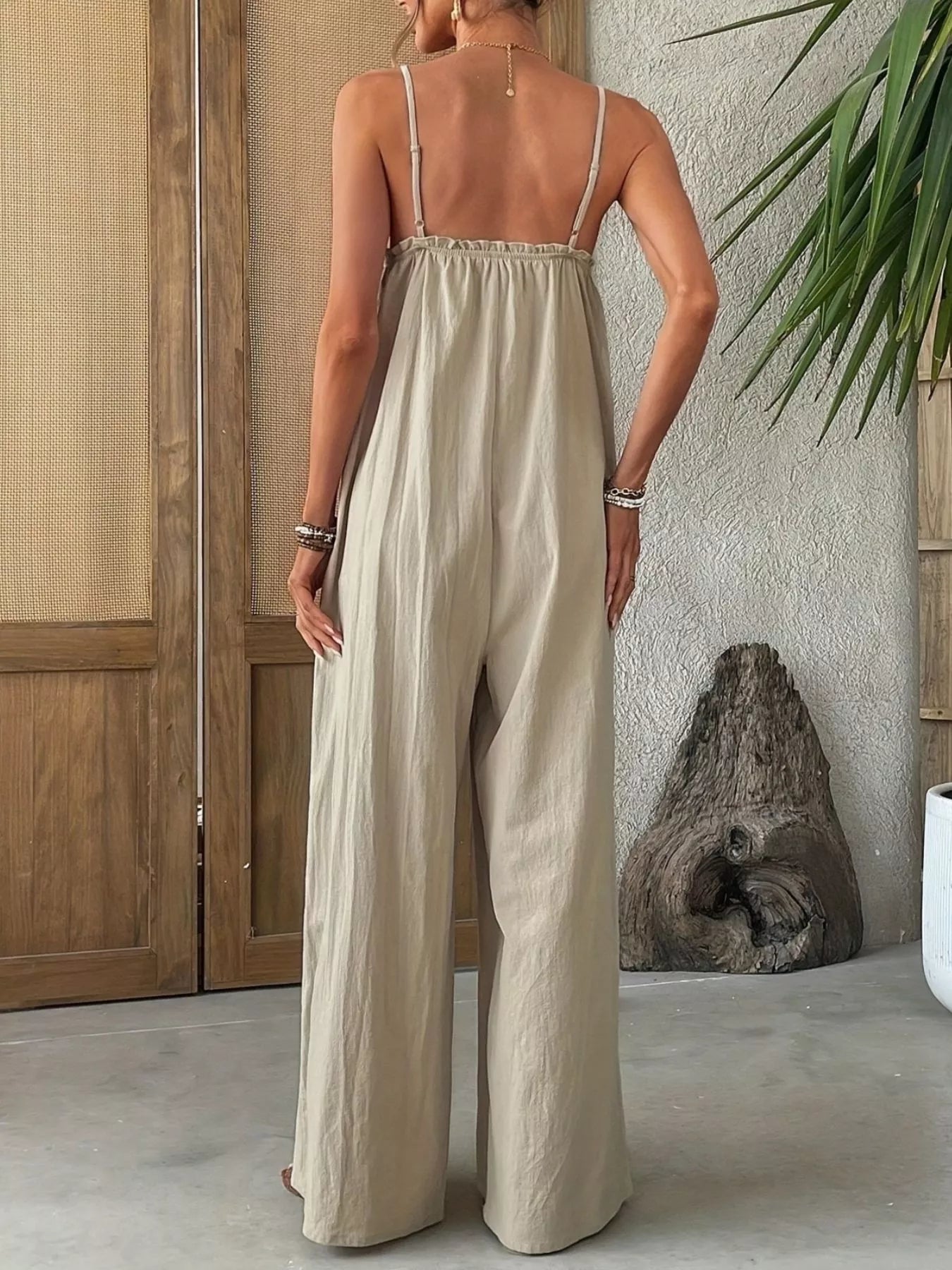 The Odette — Sleeveless Wide Leg Jumpsuit - Khaki, 3/4 full-length view - Be Juliet