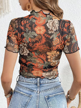 Floral Mesh Crop Top with Lettuce Trim - Be Juliet