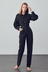 Camille High Waist Flap Pocket Denim Jumpsuit