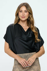 Satin Cowl Neck Short Sleeve Top - Be Juliet