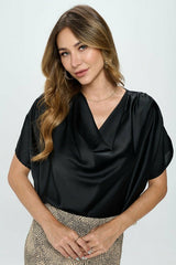 Satin Cowl Neck Short Sleeve Top - Be Juliet