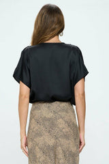 Satin Cowl Neck Short Sleeve Top - Be Juliet