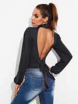 Backless Tie-Waist Turtleneck Lantern Sleeve Bodysuit - Be Juliet