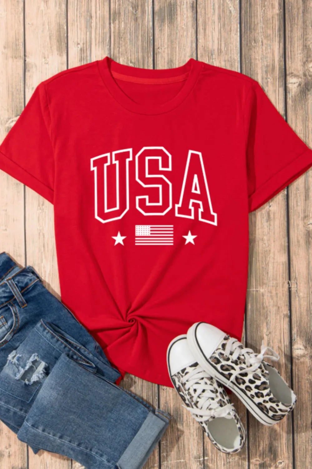 USA American Flag Crewneck T Shirt - Red, flat lay front view - Be Juliet