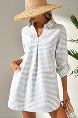 Stripe Collared V-Neck Chest Pocket Swim Cover Up
