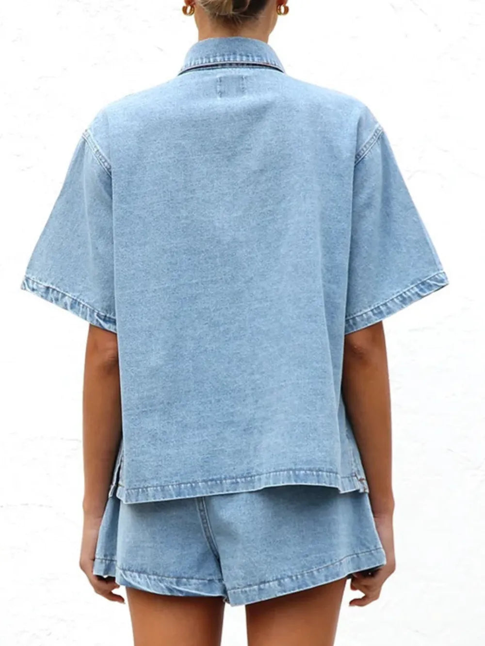 Kati Button Up Half Sleeve Denim Shirt - Light, 3/4 angled view on model - Be Juliet