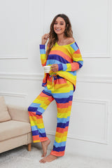 Striped Round Neck Long Sleeve Top and Drawstring Pants Lounge Set - Be Juliet