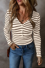 Striped V-Neck Long Sleeve Top - Be Juliet