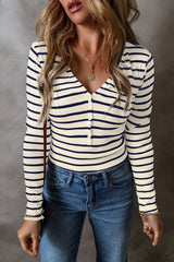 Striped V-Neck Long Sleeve Top - Be Juliet
