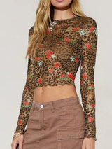 Leopard Floral Round Neck Long Sleeve Mesh T-Shirt - Be Juliet