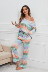 Striped Round Neck Long Sleeve Top and Drawstring Pants Lounge Set - Be Juliet