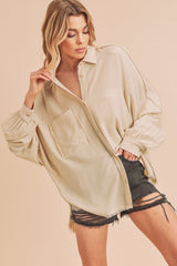 Aemi + Co Raw Edge Exposed Seam Collared Neck Long Sleeve Shirt - Be Juliet