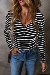 Striped V-Neck Long Sleeve Top - Be Juliet
