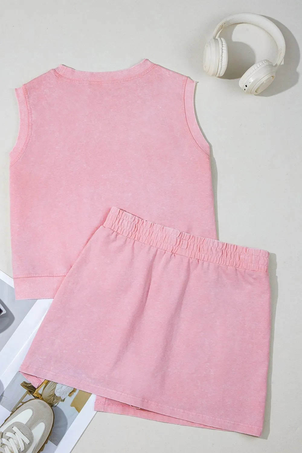 USA Round Neck Tank and Shorts Set - Blush Pink, flat lay back view - Be Juliet