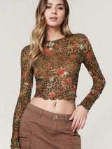 Leopard Floral Round Neck Long Sleeve Mesh T-Shirt - Be Juliet