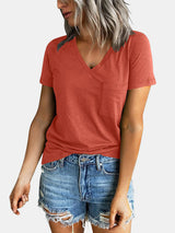 Pocketed V-Neck Short Sleeve T-Shirt - Be Juliet