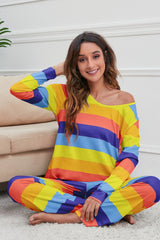 Striped Round Neck Long Sleeve Top and Drawstring Pants Lounge Set - Be Juliet