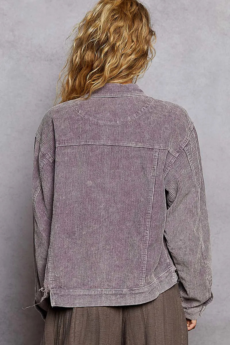 POL Button Down Corduroy Trucker Jacket - Lilac, side view on model - Be Juliet