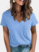 Pocketed V-Neck Short Sleeve T-Shirt - Be Juliet