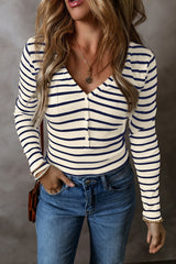 Striped V-Neck Long Sleeve Top - Be Juliet