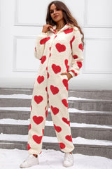 Fuzzy Heart Zip Up Hooded Lounge Jumpsuit - Be Juliet