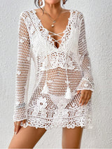 Cutout Tied V-Neck Long Sleeve Cover Up - Be Juliet