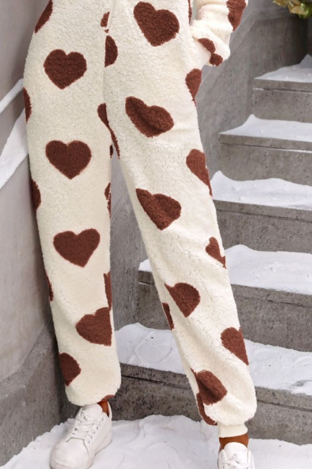 Fuzzy Heart Zip Up Hooded Lounge Jumpsuit - Be Juliet