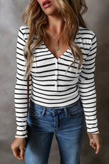 Striped V-Neck Long Sleeve Top - Be Juliet