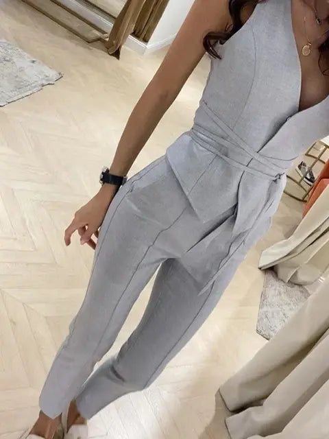 Malu Two-Piece Pant and Top Set - Grey, front view on model - Be Juliet