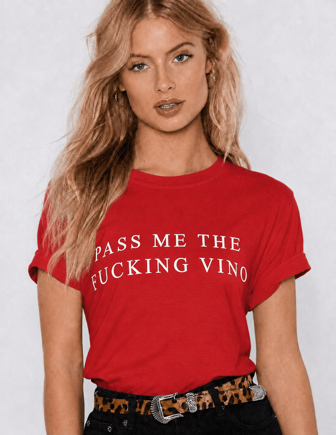 Pass Me The Fucking Wine Women's T-Shirt - Red, front chest-up view with rolled sleeves - Be Juliet