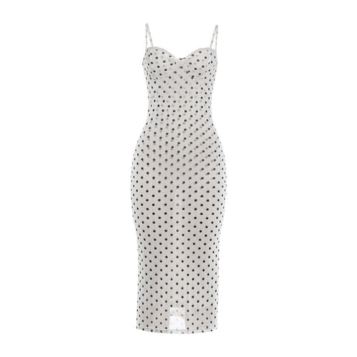 Brigitte Polka-Dot Lace Dress - White, flat lay front view, sweetheart neckline and front slit - Be Juliet