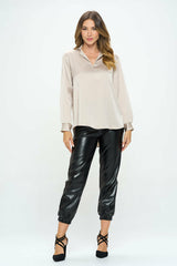 Stretch Satin V-Neck Top with Collar - Be Juliet
