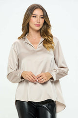 Stretch Satin V-Neck Top with Collar - Be Juliet