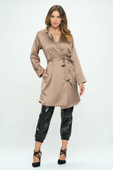 Stretch Satin Open-Front Trench Coat with Tie - Be Juliet