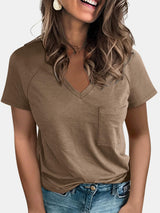 Pocketed V-Neck Short Sleeve T-Shirt - Be Juliet