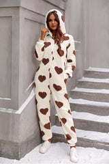 Fuzzy Heart Zip Up Hooded Lounge Jumpsuit - Be Juliet
