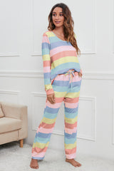 Striped Round Neck Long Sleeve Top and Drawstring Pants Lounge Set - Be Juliet