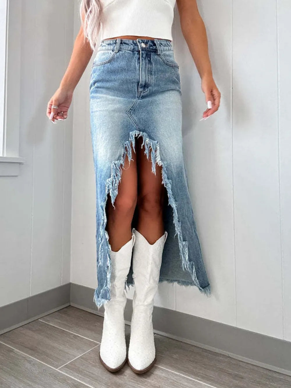 High-Waist Raw Hem Asymmetry Denim Skirt - Be Juliet
