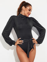 Backless Tie-Waist Turtleneck Lantern Sleeve Bodysuit - Be Juliet