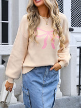 Angel Wings Bow Graphic Round Neck Long Sleeve Sweater - Be Juliet