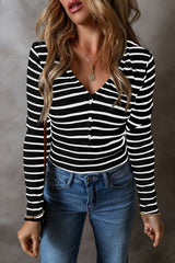 Striped V-Neck Long Sleeve Top - Be Juliet