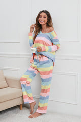 Striped Round Neck Long Sleeve Top and Drawstring Pants Lounge Set - Be Juliet