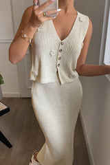Flower V-Neck Vest and Skirt Sweater Set - Be Juliet