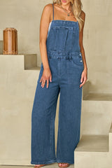 Adjustable Tie Straps Wide Leg Denim Overalls - Be Juliet