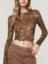 Leopard Floral Round Neck Long Sleeve Mesh T-Shirt - Be Juliet