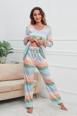 Striped Round Neck Long Sleeve Top and Drawstring Pants Lounge Set - Be Juliet