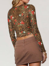 Leopard Floral Round Neck Long Sleeve Mesh T-Shirt - Be Juliet