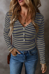Striped V-Neck Long Sleeve Top - Be Juliet