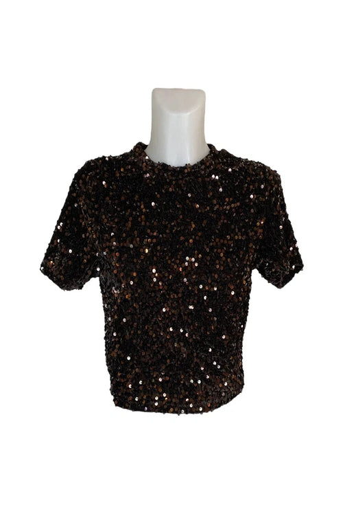 CANDY Sparkling Sequin Crop Top - Dark Brown, angled crop view - Be Juliet